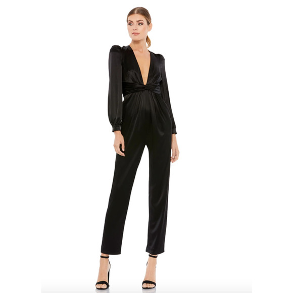 MAC DUGGAL Dress Size 6 Jumpsuit NEW Black Deep V Front Twist Puff Sleeve - Picture 1 of 7